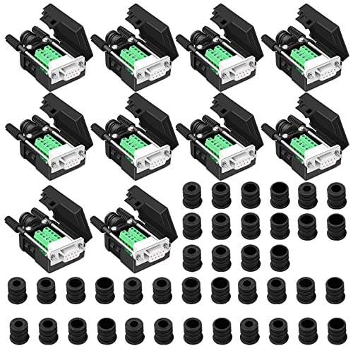 ANMBEST 10PCS DB9 Female Breakout Connector,DB9 Solderless RS232 D-SUB Serial to 9-pin Port Terminal Adapter Connector Breakout Board with Case Long Bolts Tail Pipe
