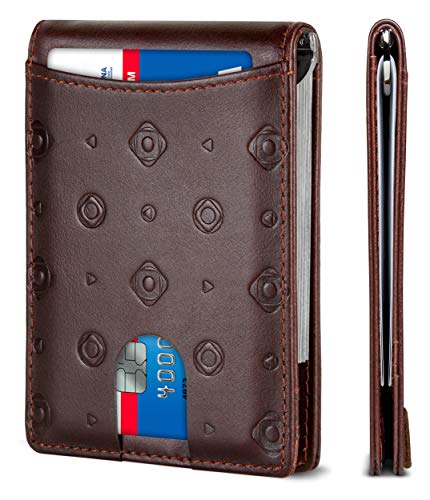 SERMAN BRANDS RFID Blocking Slim Bifold Genuine Leather Minimalist Front Pocket Wallets for Men with Money Clip Thin Mens (Stamped Brown 1.0)