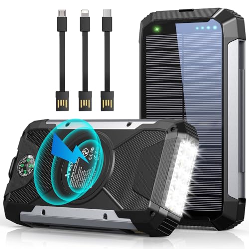 Solar Charger 38600mAh,Solar Power Bank Wireless Portable Charger Built in 3 Cables External Battery Pack Waterproof with 4 Outputs 2 Inputs USB C 15 W 5V/3A Battery Bank with Camping Light Compass
