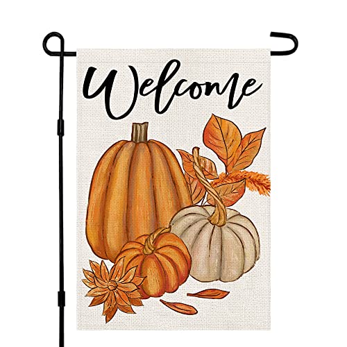 Fall Pumpkin Welcome Garden Flag 12x18 Inch Burlap Vertical Double Sided, Autumn Thanksgiving Yard Outside Decoration DF095