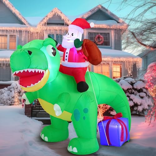 Joiedomi 6 FT Christmas Inflatable Dinosaur with Build-in LEDs, Blow Up Dinosaur with Santa for Christmas Inflatable Outdoor Decoration Xmas Party Indoor, Outdoor, Yard, Garden, Lawn Winter Décor