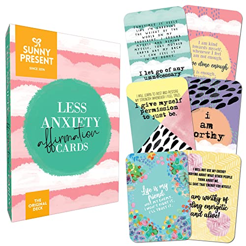 Sunny Present Less Anxiety Affirmation Cards - 45 Beautifully Illustrated Self Care Cards to Help Stress & Anxiety, Relaxation