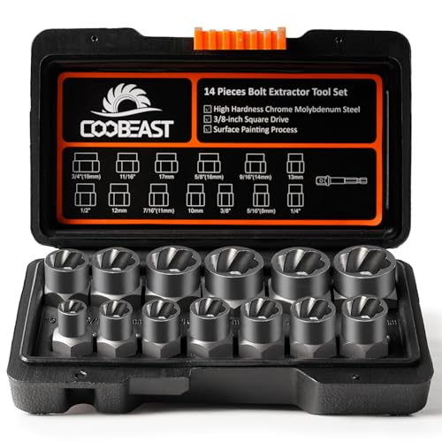 Coobeast Bolt Extractor Set Heavy Duty, 13Pcs Bolt Extractor Kit with 3/8 Inch Adapter, Stripped Lug Nut Remover, Easy Out Bolt Remover Set for Rusted, Rounded, Damaged Nuts Screws