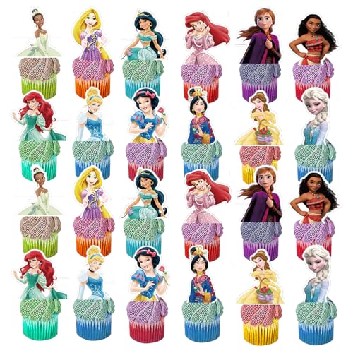 48Pcs Princesses Cupcake Toppers Girls Princesses Birthday Party Supplies Princesses Theme Party Cake Decorations