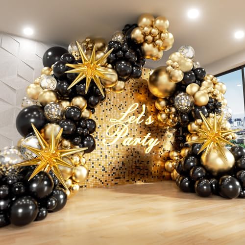 FOTIOMRG Black and Gold Balloons Garland Arch Kit, 5 10 12 18inch Black Gold Confetti Latex Balloons for 2024 Graduation Decorations Anniversary Birthday Party Decorations