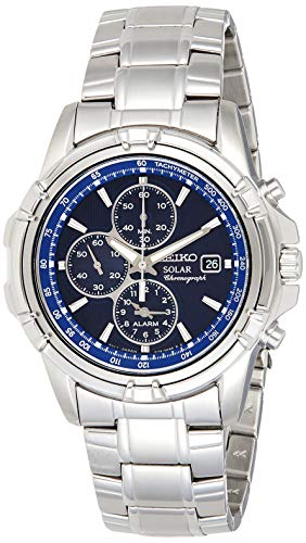 SEIKO SSC141 Watch for Men - Essentials - with Solar Chronograph, Stainless Steel with Blue Dial, Date Calendar, LumiBrite Hands, and Water-Resistant to 100m