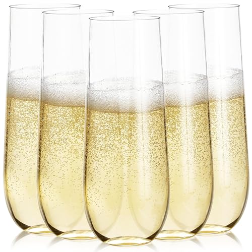 Prestee 24pk Stemless Plastic Champagne Flutes - 9 Oz, Clear Disposable Wine Glasses, Cocktail Glasses