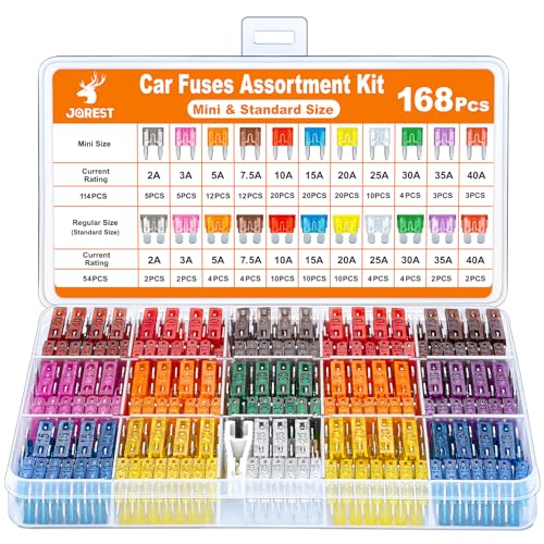 JOREST 168 Pcs Car Fuse Assortment Kit, 114 Mini Blade Fuses Automotive + 54 Standard Auto Fuses + 1 Fuse Pullers – for Car/RV/Truck/Motorcycle/Boat (2Amp 3A 5A 7.5A 10A 15A 20A 25A 30A 35A 40A)