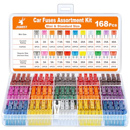 Car Fuses 168 Pcs, JOREST Assortment Kit, 114 Mini Blade Fuses Automotive + 54 Standard Auto Fuses + 1 Fuse Pullers – for Car/RV/Truck/Motorcycle/Boat (2Amp 3A 5A 7.5A 10A 15A 20A 25A 30A 35A 40A)