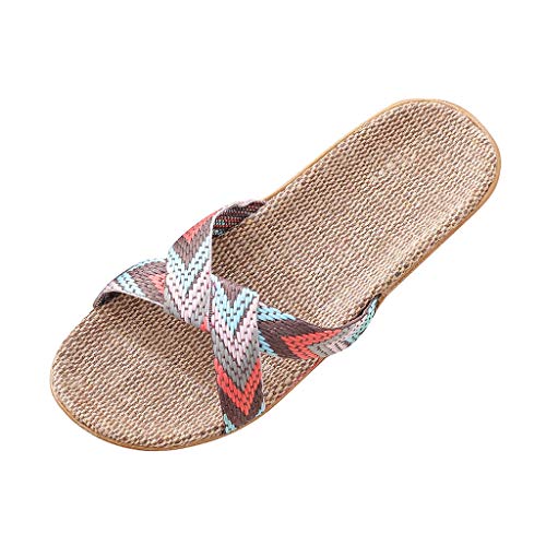 JEUROT Flax Slippers Slides for Women Men Skidproof Indoor Outdoor Slippers Rattan Woven House Slippers Linen Summer Slides Beach Shoes (Pink, 9)