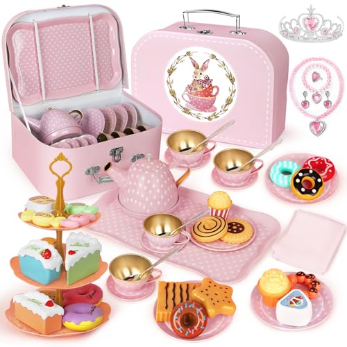 Tea Party Set for Little Girls, 49PCS Princess Tea Time Toys Including Tea Set Dessert Carrying Case, Kids Kitchen Pretend Playset, Tea Set for Girls Birthday Toddler Gifts Age 3-8