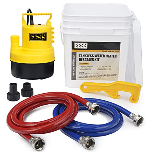 6699 Tankless Water Heater Flushing Kit Includes 1/4HP Submersible Utility Pump with Two Plastic Adapters & 3 Gallons Pail with Bucket Lid Opener & Two 1/2” X 6’ PVC Hoses with Washers Easy to Clean