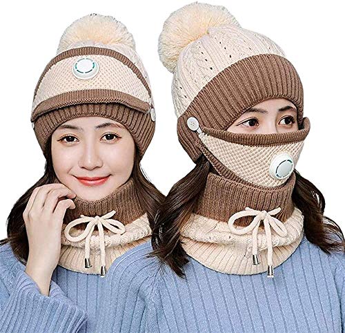 3pcs/Set Fashion Women Winter Knitted Hat Thickened Woolen Cap with Warm Mask and Neck Scarf (Beige2)