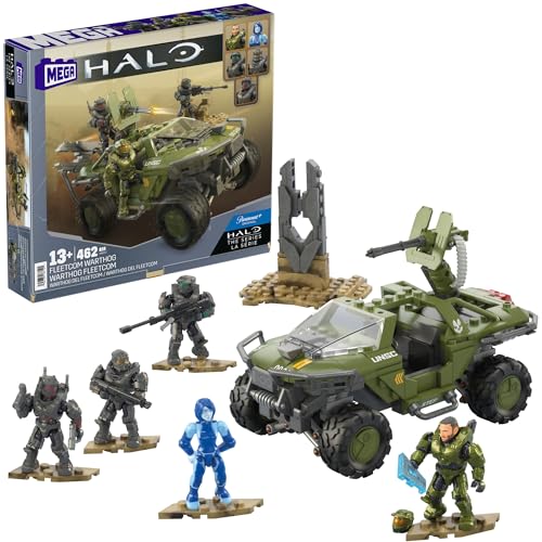 Mega Halo The Series Vehicle Building Toys Set, FLEETCOM Warthog ATV with 469 Pieces, 5 Micro Action Figures, Poseable Articulation, Kids and Fans