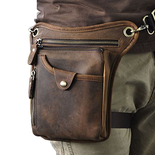 Hiking Waist Pack Leather Drop Leg Bag for Men Women Multi-Purpose Motorcycle Bike Outdoor Travel Sports Tactical Riding Hiking Camping Belt Bum Pouch Small Shoulder Bag Deep Brown