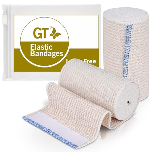 Premium Elastic Bandage Wrap (4' Wide, 2 Pack) - Made of Grown Organic Cotton - Hook & Loop Fasteners at Both Ends - GT Latex Free Hypoallergenic Compression Roll for Sprains & Injuries