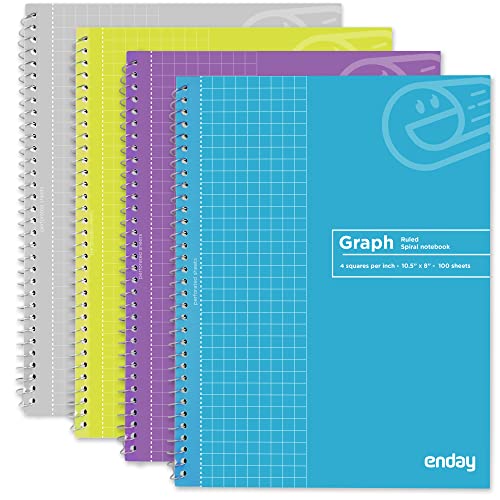 Emraw Graph Paper Notebooks Spiral Quad Ruled Grid Notebook Heavy Duty White Paper 100 Sheets Assorted Colors Wire Bound Graphing Books (Pack of 4)