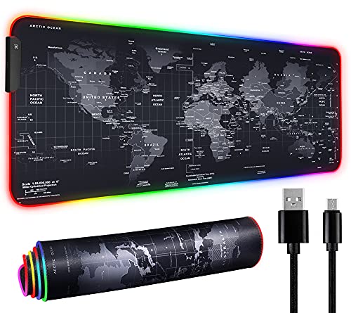 31.5'X12' Large Gaming Mouse Pad for Desk, RGB Mouse Pad with 11 Lighting Modes, Quality World Map Mouse Pad with Durable Strip Lighting, Waterproof LED Mouse Pad with Non-Slip Rubber Base