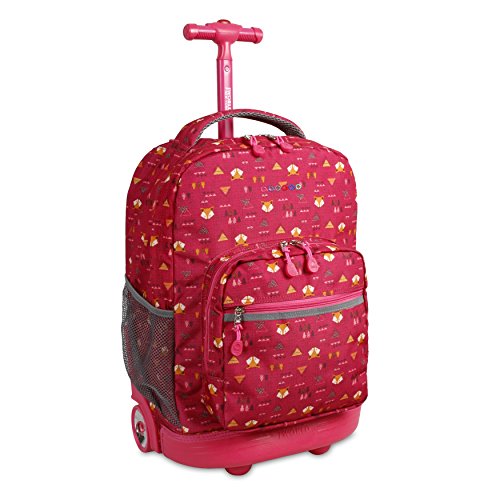 J World New York Sunrise Kids Rolling Backpack for Girls Boys Teen. Roller Bookbag with Wheels, Fox, 18'
