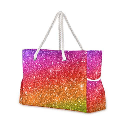 ALAZA Multicolor Glitter Rainbow Gradient Shoulder Tote Bags for Gym Travel Beach, Inner Pockets