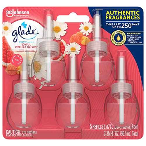 Glade PlugIns Refills Air Freshener, Scented and Essential Oils for Home and Bathroom, Joyful Citrus & Daisies, 3.35 Fl Oz, 5 Count