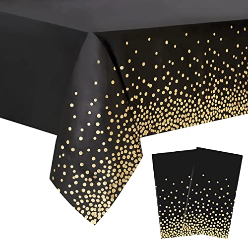 Jepeux 2 Packaging Black and Gold Plastic Tablecloth, 54 inch x108 inch Rectangular Disposable dot Party Table Cover, Suitable for Birthday, Graduation, Restaurant, Wedding Decoration Tablecloth
