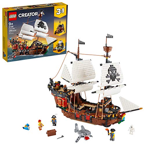 LEGO Creator 3 in 1 Pirate Ship Building Set, Kids can Rebuild The Pirate Ship into an Inn or Skull Island, Features 4 Minifigures and Shark Toy, Makes a Great Gift for Kids Ages 9+ Years Old, 31109