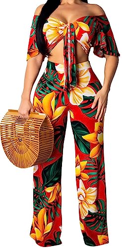 sexycherry Women Elegant Floral 2 Piece Outfits Sexy Off Shoulder Short Sleeve Crop Top Long Palazzo Leg Pants Swimsuit Coverups Beach Vacation