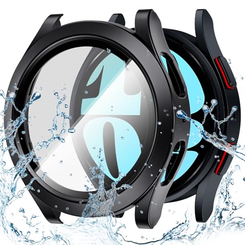 Goton Waterproof Case for Galaxy Watch 6 Screen Protector 44mm, [No Fog] Tempered Glass Face Cover for Samsung Watch 6 Accessories 44 mm Black