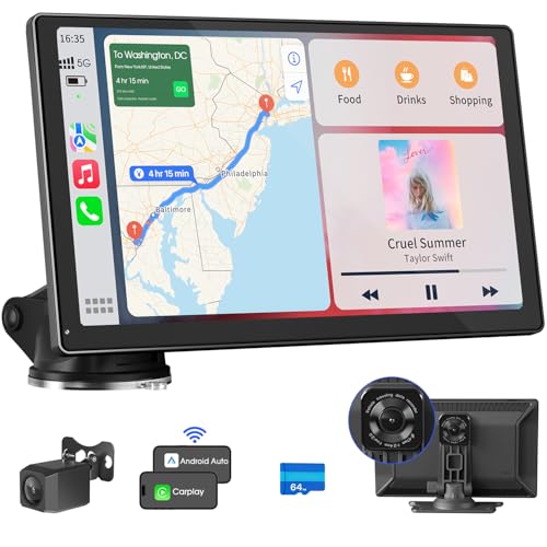 9'' Wireless Apple Carplay Screen for Car & Android Auto with 4K Dash Cam, Portable Car Stereo, 1080P Backup Camera, GPS Navigation, Car Audio Receivers Bluetooth, Mirror Link, Voice Control