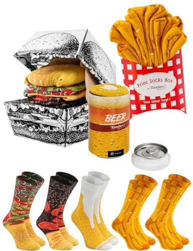 Rainbow Socks - Men Women Funny Meal Socks Box - 5 Pairs - Burger Fries Bier - Size US 9.5-13