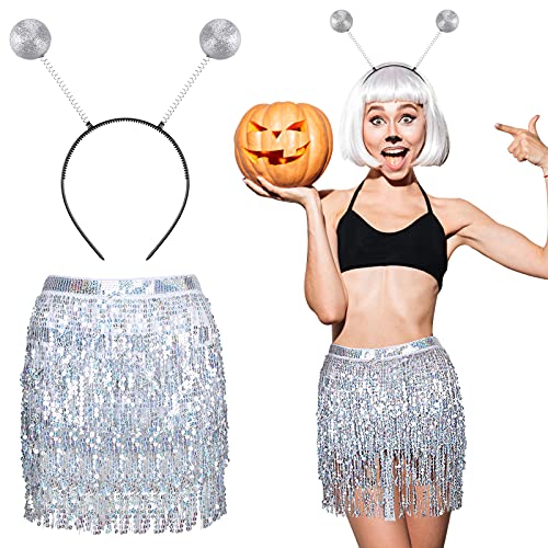 SATINIOR 2 Pieces Alien Headband Martian Antenna Ball Head Bopper and Sequin Wrap Skirt for Halloween Costume Accessory, Silver, Waist length: 185 cm/ 72.8 inches