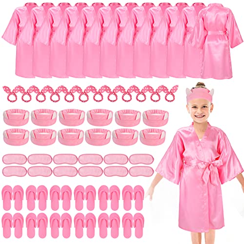 Didaey 60 Pcs Spa Party Supplies for Girls Kid Satin Kimono Robe Disposable Foam Slippers Eye Mask Spa Headband Bow Hair Band(Pink, 10 Yard)