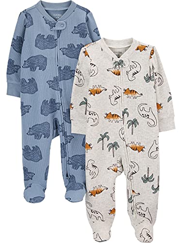 Simple Joys by Carter's Baby Boys' 2-Way Zip Thermal Footed Sleep and Play, Pack of 2, Dusty Blue Bear/Ivory Dinosaur, 0-3 Months