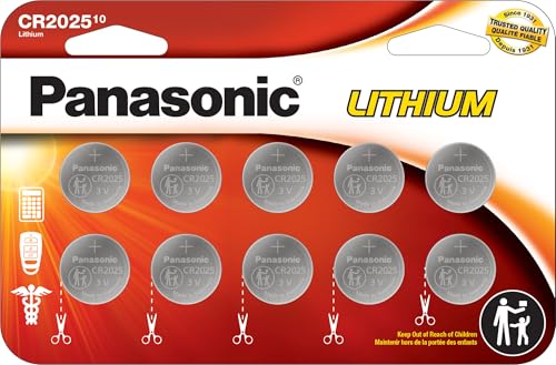 Panasonic CR2025 3.0 Volt Long Lasting Lithium Coin Cell Batteries in Child Resistant, Standards Based Packaging, 10 Count(Pack of 1)