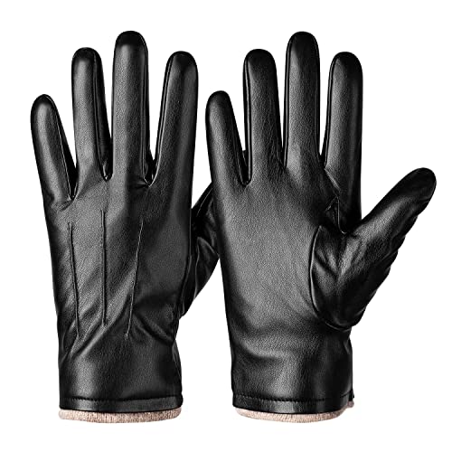 Alepo Winter PU Leather Gloves For Men, Warm Thermal Touchscreen Texting Typing Dress Driving Motorcycle Gloves With Wool Lining (Black-M)