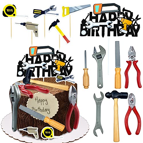18PCS Tools Cake Topper Tools Cake Decorations Toolbox Wrench Hammer Mechanic Drill Plier Handsaw Tape Measure Screwdrivers Themed Happy Birthday Party Decor
