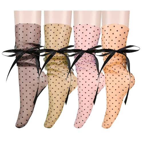 Benefeet Sox Womens Sheer Lace Slouch Socks with Bow Ankle High Girls Cute Polka Dot Patternde Mesh Loose Socks Fancy Fashion Decorated Scrunch Socks Pretty See Through Tulle Socks Gifts 4 Pack