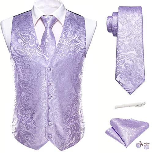 Barry.Wang Light Purple Gray Vest Waistcoat Formal Dress Tuxedo Classic Tie Handkerchief Cufflink Paisley