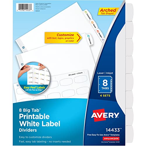 Avery Big Tab Printable White Label Dividers with Easy Peel, 8 Tabs, 4 Sets (14433)