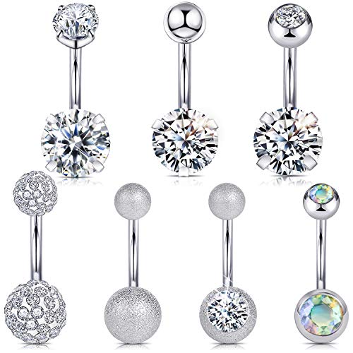 Wssxc 14G Hypoallergenic Surgical Steel Belly Button Ring Cubic Zirconia Belly Button Barbs Body Piercing Set 7Pcs