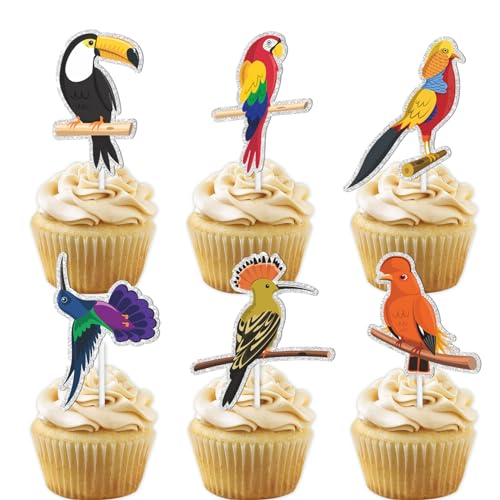 18pcs Colorful Glitter Parrot Dessert Cupcake Topper Tropical Bird Summer Theme Decorations Baby Shower Boy Girl Happy Birthday Party Decor Supplies