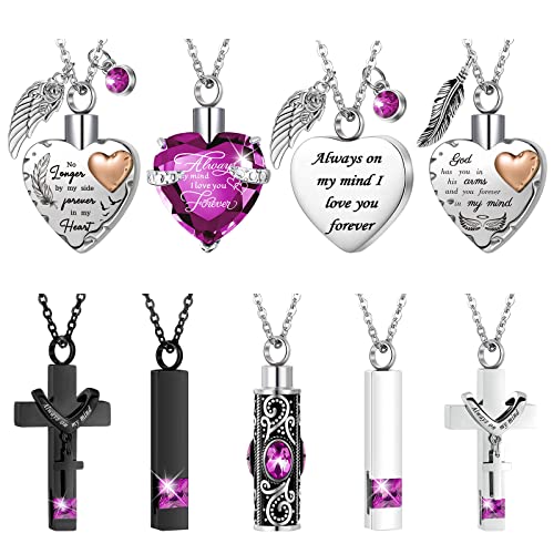 9 Pcs Urn Necklace for Ashes Keepsake Cremation Jewelry Stainless Steel Cremation Necklace Crystal Memorial Pendant Heart Locket Ashes Keepsake Necklace for Women Men Mom Loved One 9 Styles (Purple)