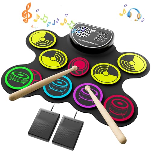 Miortior Electronic Drum Set, 10 Pads Roll-up Drum Practice Pad with Drum Pedals & Drum Sticks, Portable Drum Pad Machine Built-in Speaker with Headphone Jack, Great Christmas & Birthday Gift for Kids