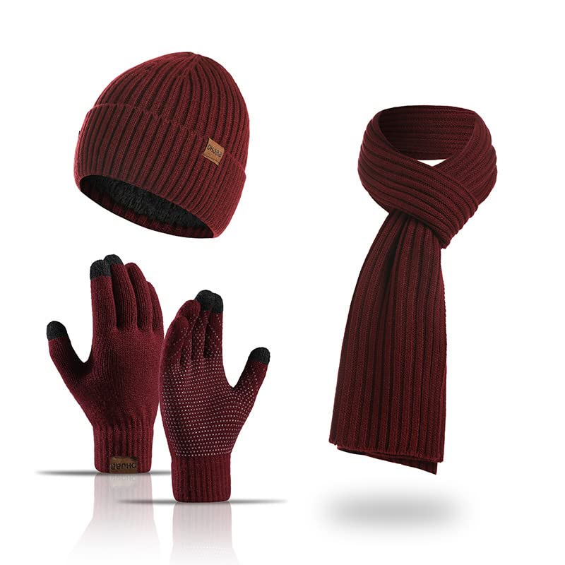 Women's winter beanie, long scarf, touch screen glove set with wool lining, knitted beanie with pompoms, stylish yet warm (Wine red)