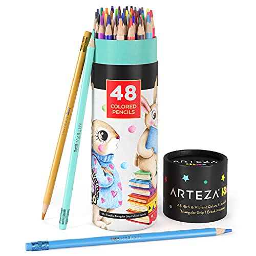 Arteza Kids Erasable Colored Pencils, Set of 48, Triangular Pencil Crayons, Pre-Sharpened, Art Supplies for School, Home, Doodling, and Drawing
