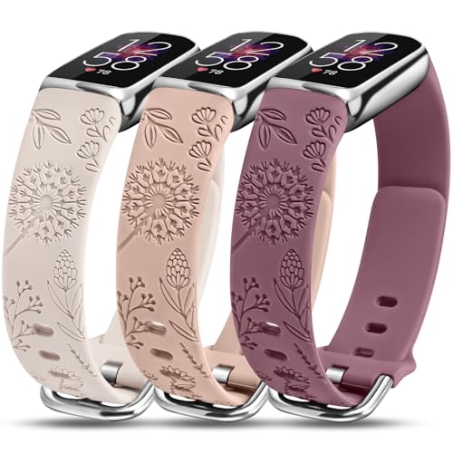 Minyee 3 Packs Floral Engraved Bands Compatible with Fitbit Luxe Band for Women, Cute Sport Silicone Strap Dandelion Designer Summer Wristband for Fitbit Luxe/Luxe Special Edition Fitness Tracker