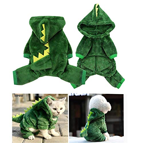 ANIAC Dog Plush Outfit with Hood Pet Dinosaur Costume Puppy Dino Hoodies Warm Dragon Coat Four-Leg Jumpsuit Cute Winter Clothes for Cats and Small to Medium Dog (X-Small)