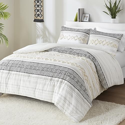 Hyde Lane Farmhouse Bedding Comforter Sets, Ivory Full/Queen Size Boho Bed Set,Cotton Top with Modern Neutral Style Clipped Jacquard Stripes, 3-Pieces Including Pillow Shams (90x90 Inches)