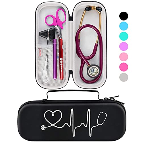 BOVKE Stethoscope Case for 3M Littmann Classic III, Lightweight II S.E, MDF Acoustica Deluxe Stethoscopes - Extra Room for Medical Bandage Scissors EMT Trauma Shear and LED Penlights, Black